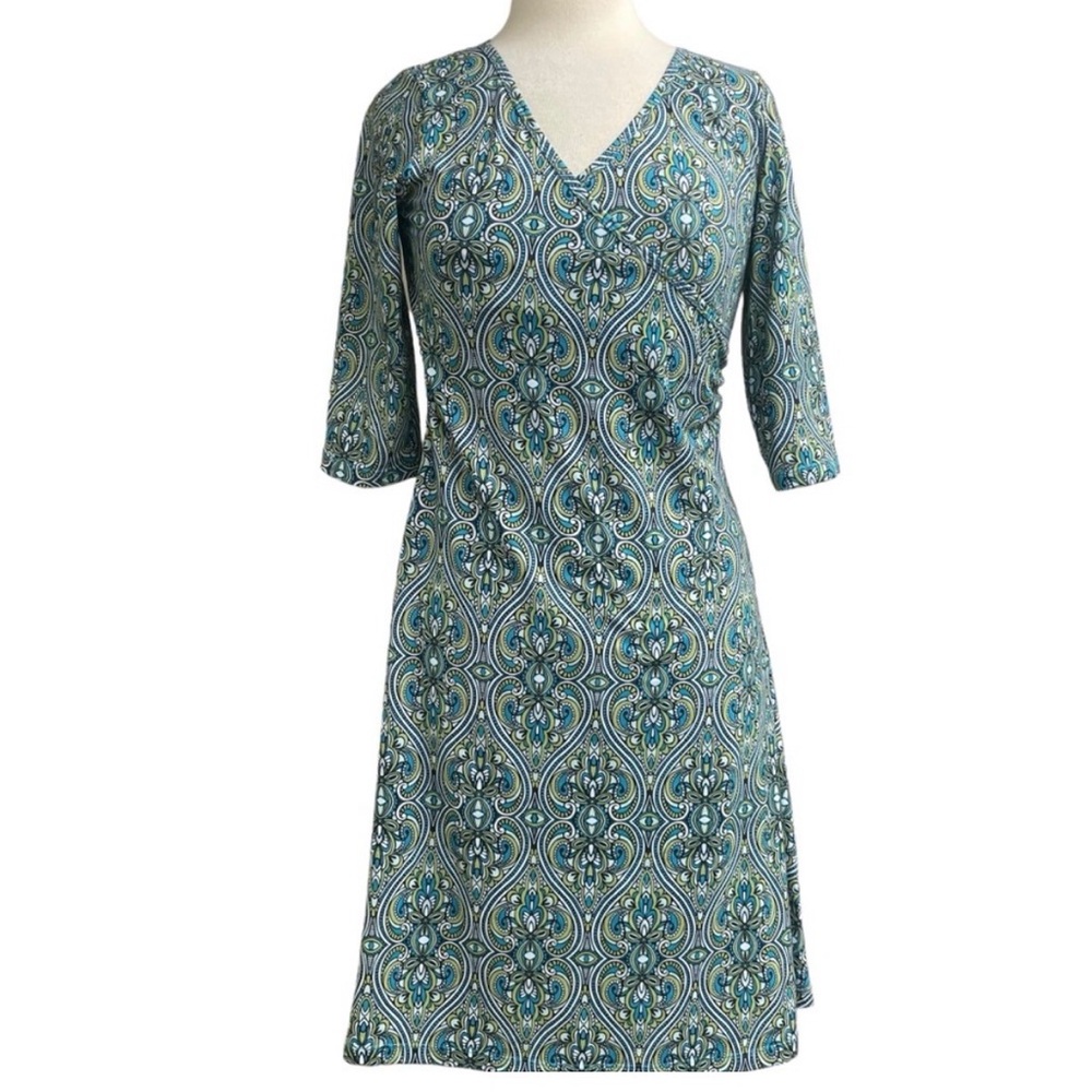 Prana Nadia 3/4 Sleeve Veeda Faux Wrap Dress Size Small Blue Green Paisley